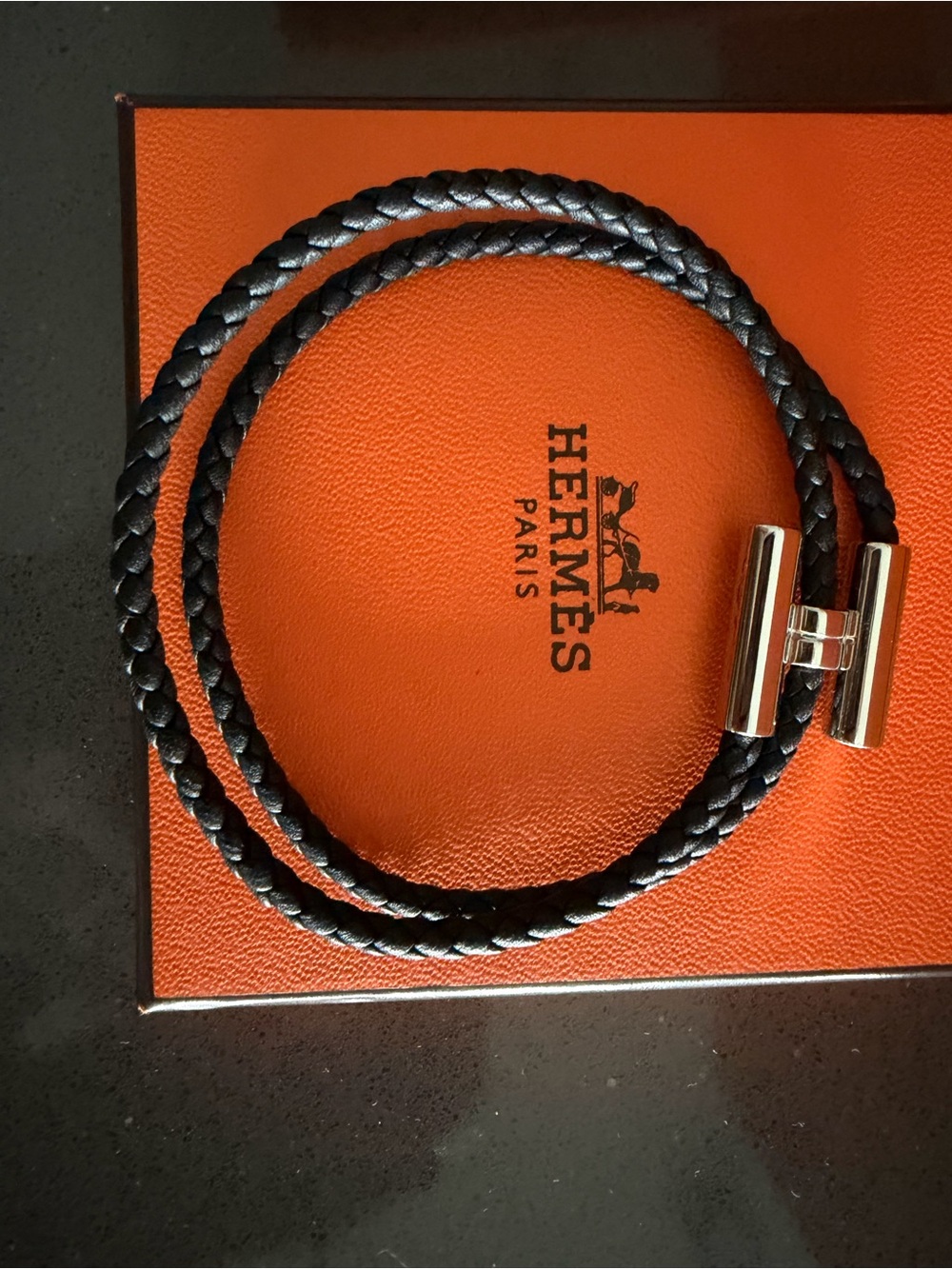 Hermes Black Braided Leather Double Wrap Bracelet with Silver Hardware
